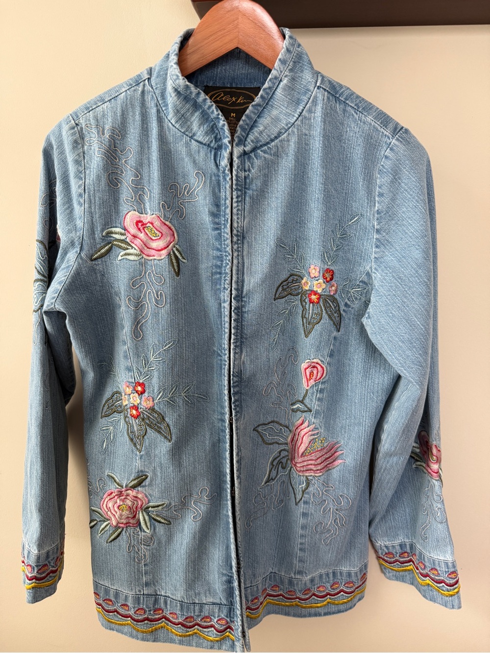 Light Blue Embroidered Denim Jacket with Floral Motif